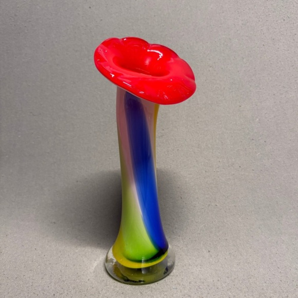 Art Glass Calla Lily Style Vase Red Blue‎ Yellow Green Hand Blown